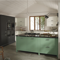 Flat door kitchen, large handles, oven bank, green island. 