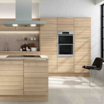Flat door kitchen, wood effect, feature ceiling extractor