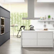 Handleless Kitchen, Oven bank of units, white island, ceiling extractor, floating shelves