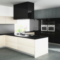 High Gloss Handleless Kitchen, Black bank of units, White Island, Ceiling Extractor