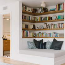 Home Library idea contemporary shelving, extended bench seating
