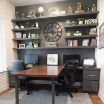 Home office idea contemporary double desk, meeting table, shelving and storage