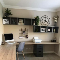 Home office idea contemporary long desk, shelving and storage