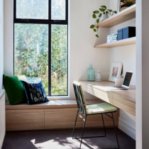 Home office idea, contemporary desk, shelving and bench seat storage