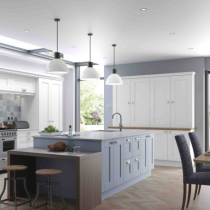 Shaker style kitchen, large island, low additional seating, larder bank of units