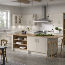 Shaker style ktichen, island with seating and shelving. 