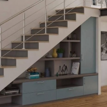 Under the stairs, cabinets & shelving to make the most of this space