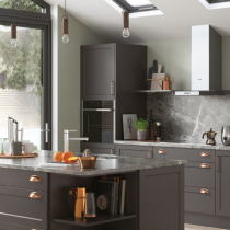 Shaker style kitchen, Peninsula with book shelves, Feature extractor. 