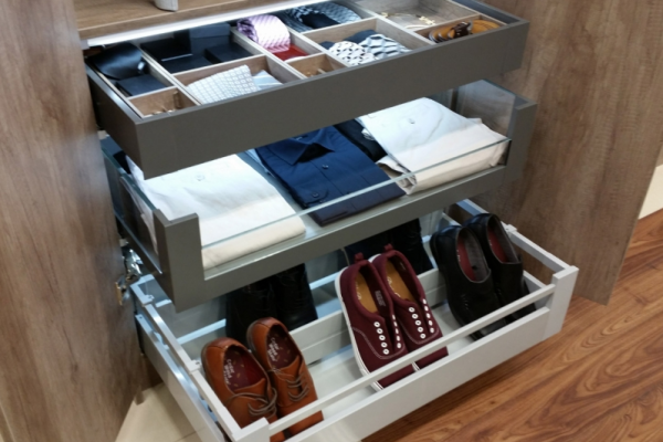 Wardrobe individual pull outs for shoes and clothing storage