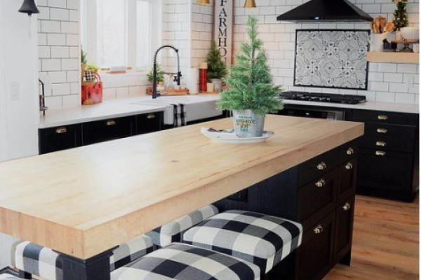 Island seating idea, for 5, wooden worktop, storage